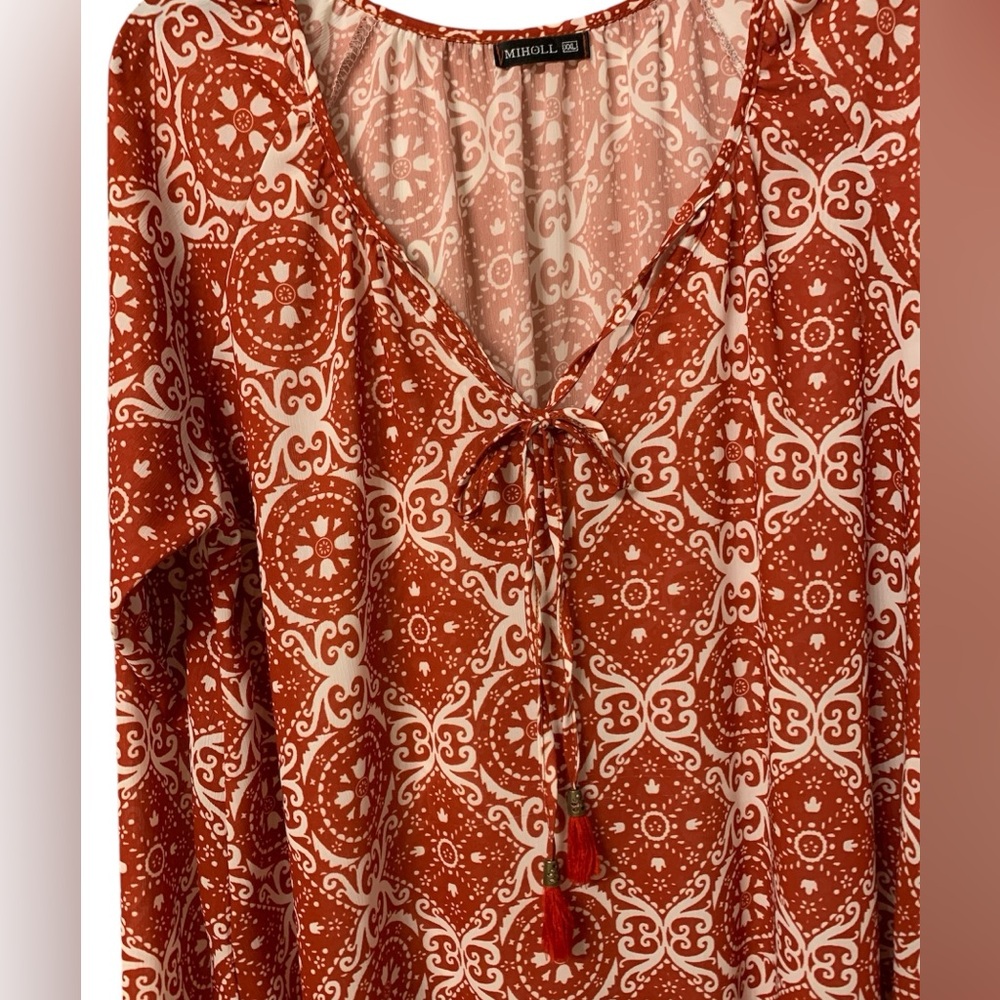 Miholl XXL rust color and cream long ballon sleeves Boho tassels Moroccan
